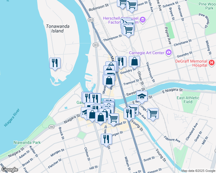 map of restaurants, bars, coffee shops, grocery stores, and more near 67 Webster Street in North Tonawanda