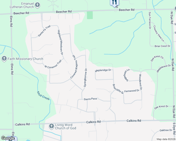map of restaurants, bars, coffee shops, grocery stores, and more near 1260 Springborrow Drive in Flint