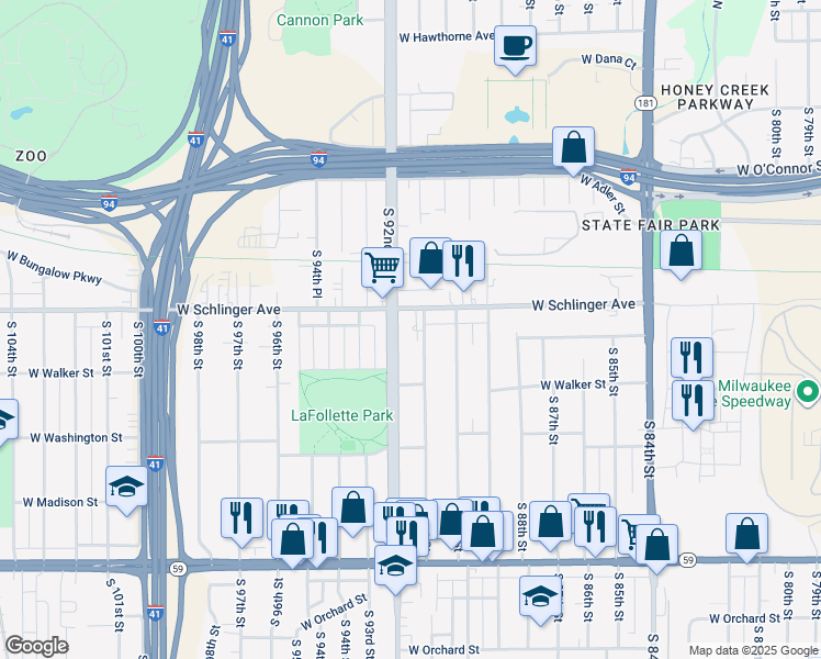 map of restaurants, bars, coffee shops, grocery stores, and more near 732 South 91st Street in West Allis