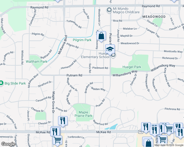 map of restaurants, bars, coffee shops, grocery stores, and more near 6302 Putnam Road in Madison