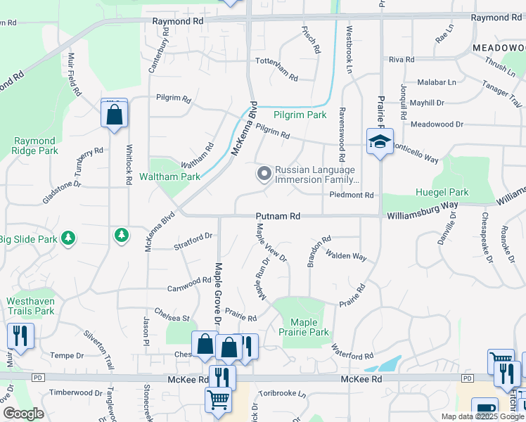 map of restaurants, bars, coffee shops, grocery stores, and more near 6502 Putnam Road in Madison