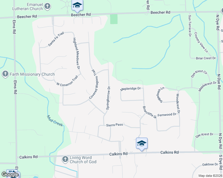 map of restaurants, bars, coffee shops, grocery stores, and more near 1260 Springborrow Drive in Flint