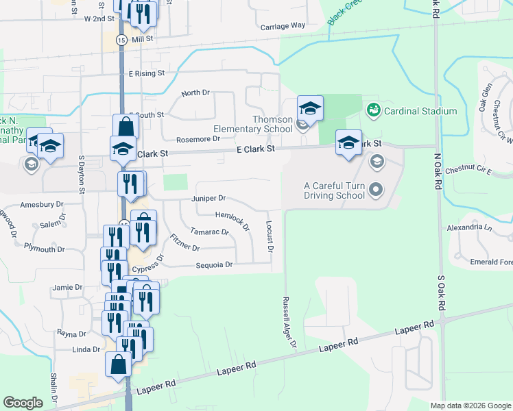 map of restaurants, bars, coffee shops, grocery stores, and more near 551 Juniper Drive in Davison