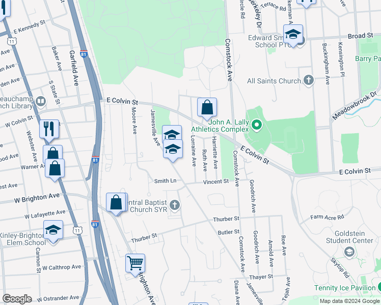 map of restaurants, bars, coffee shops, grocery stores, and more near 240 Lorraine Avenue in Syracuse
