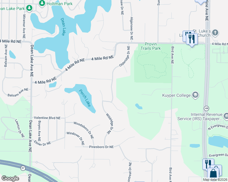 map of restaurants, bars, coffee shops, grocery stores, and more near 3353 Olderidge Drive Northeast in Grand Rapids
