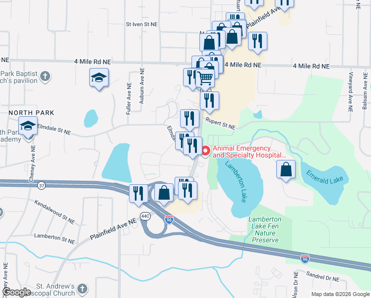 map of restaurants, bars, coffee shops, grocery stores, and more near 3315 Plainfield Avenue Northeast in Grand Rapids