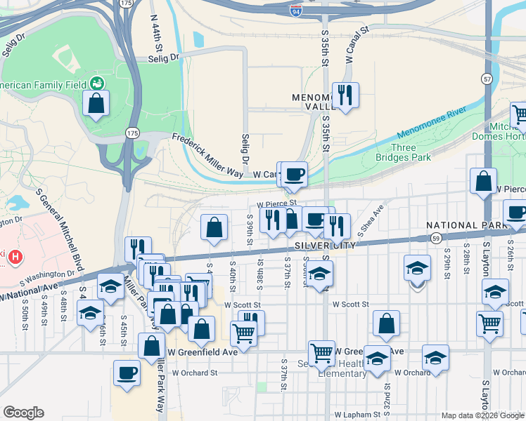 map of restaurants, bars, coffee shops, grocery stores, and more near 719 South 38th Street in Milwaukee