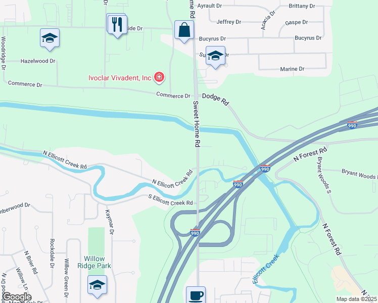 map of restaurants, bars, coffee shops, grocery stores, and more near 2360 Sweet Home Road in Buffalo