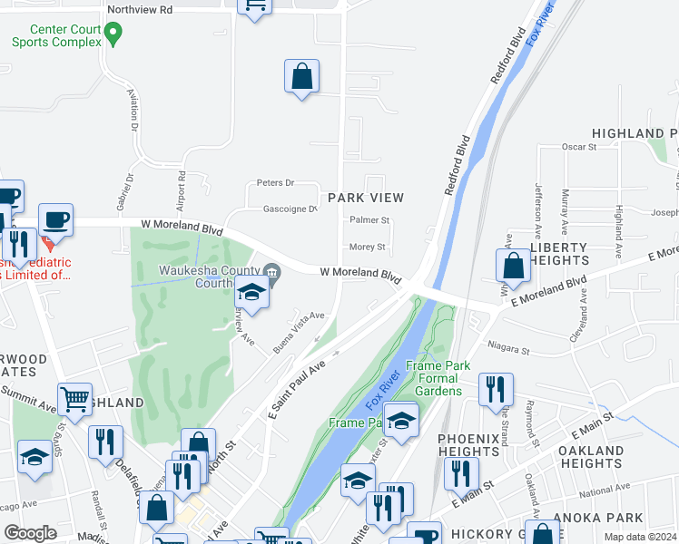 map of restaurants, bars, coffee shops, grocery stores, and more near 413 West Moreland Boulevard in Waukesha