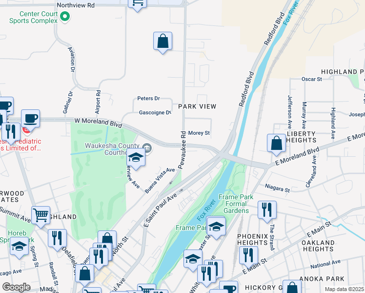 map of restaurants, bars, coffee shops, grocery stores, and more near 413 West Moreland Boulevard in Waukesha