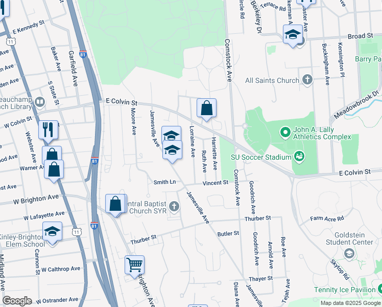map of restaurants, bars, coffee shops, grocery stores, and more near 240 Lorraine Avenue in Syracuse