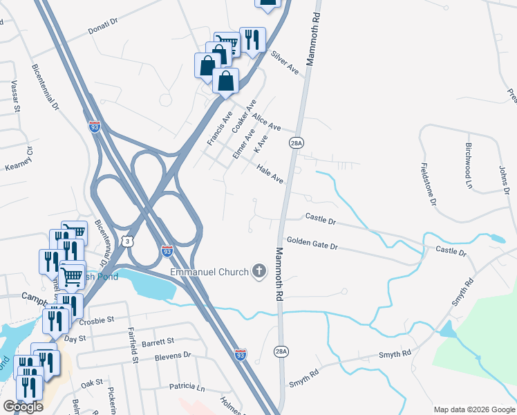 map of restaurants, bars, coffee shops, grocery stores, and more near 21 Stonegate Drive in Hooksett