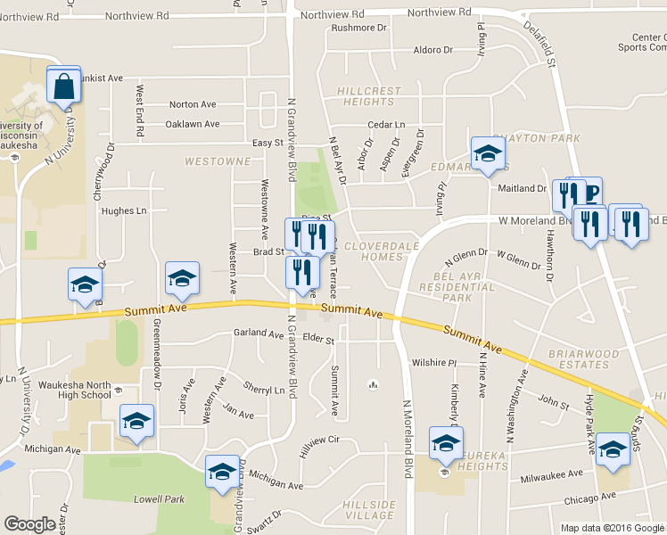 map of restaurants, bars, coffee shops, grocery stores, and more near 708 Sylvan Terrace in Waukesha