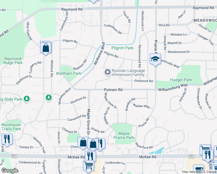 map of restaurants, bars, coffee shops, grocery stores, and more near 6502 Putnam Road in Madison