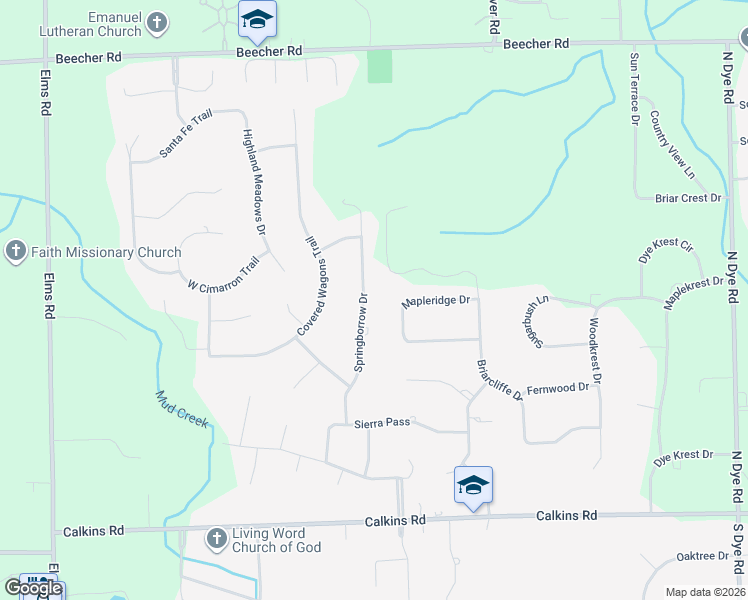 map of restaurants, bars, coffee shops, grocery stores, and more near 1260 Springborrow Drive in Flint