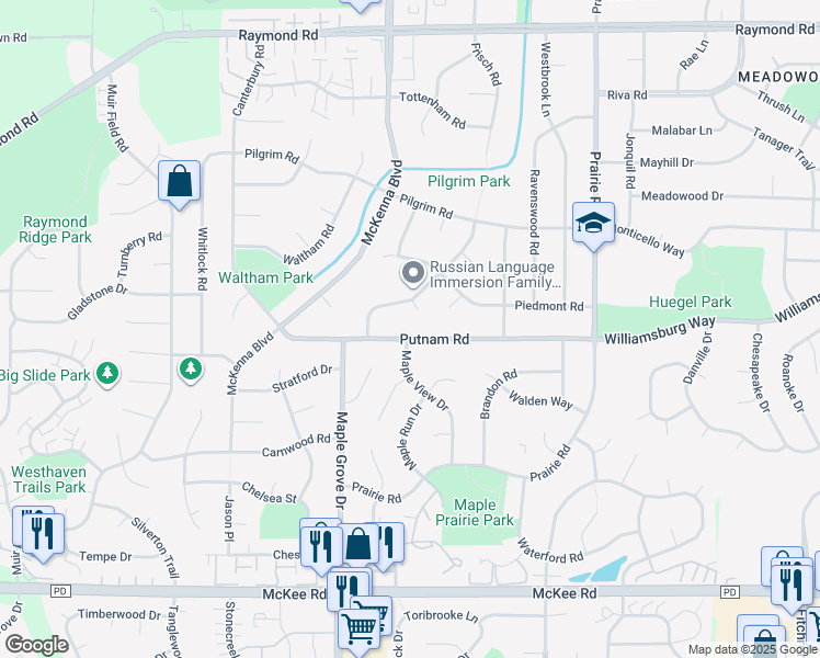map of restaurants, bars, coffee shops, grocery stores, and more near 6502 Putnam Road in Madison