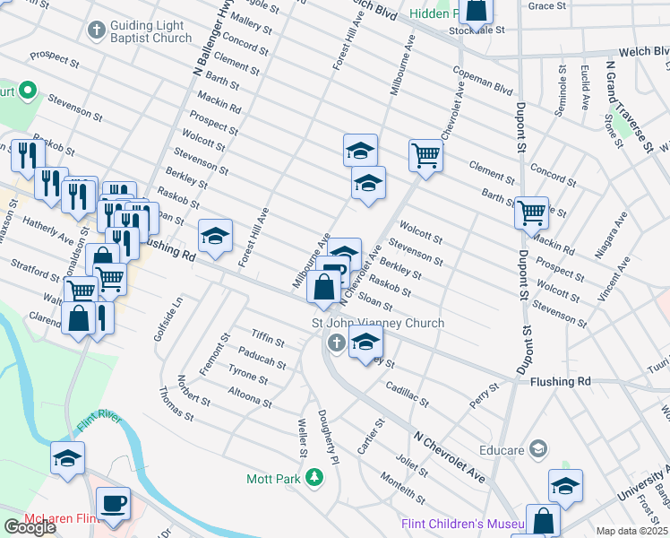 map of restaurants, bars, coffee shops, grocery stores, and more near 2423 Raskob Street in Flint