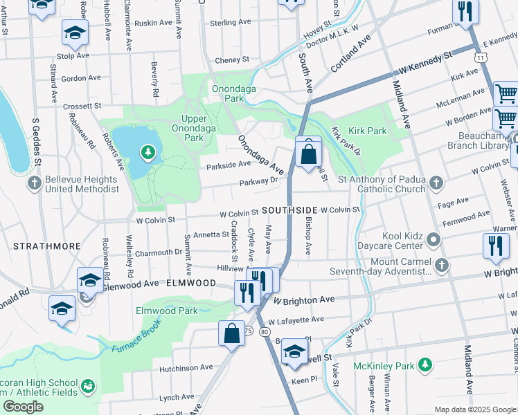 map of restaurants, bars, coffee shops, grocery stores, and more near 1414 West Colvin Street in Syracuse