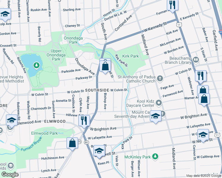 map of restaurants, bars, coffee shops, grocery stores, and more near 1106 West Colvin Street in Syracuse