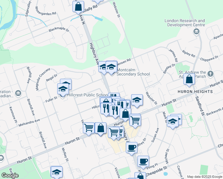 map of restaurants, bars, coffee shops, grocery stores, and more near 1330 Highbury Avenue North in London