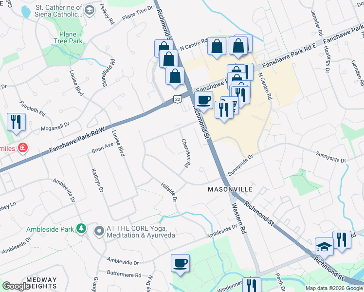 map of restaurants, bars, coffee shops, grocery stores, and more near 30 Cherokee Road in London