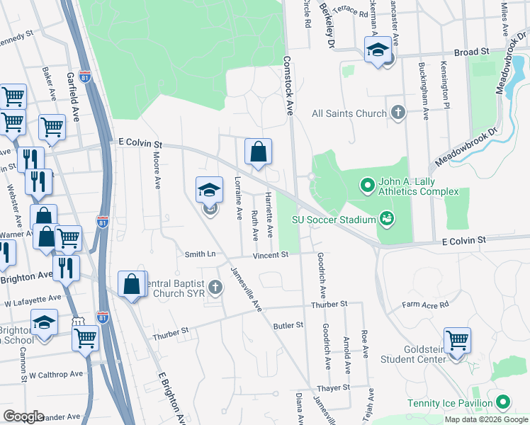 map of restaurants, bars, coffee shops, grocery stores, and more near 230 Harriette Avenue in Syracuse