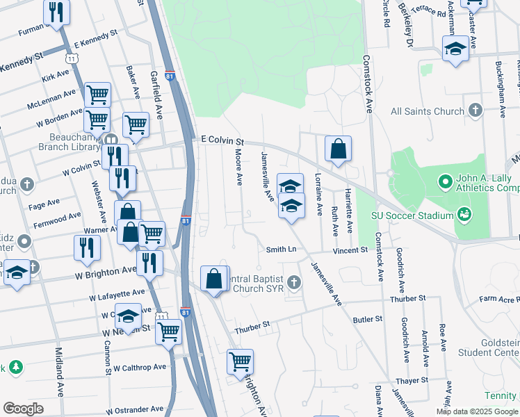 map of restaurants, bars, coffee shops, grocery stores, and more near 338 Jamesville Avenue in Syracuse