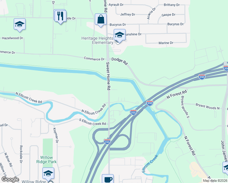 map of restaurants, bars, coffee shops, grocery stores, and more near 684 North Ellicott Creek Road in Buffalo