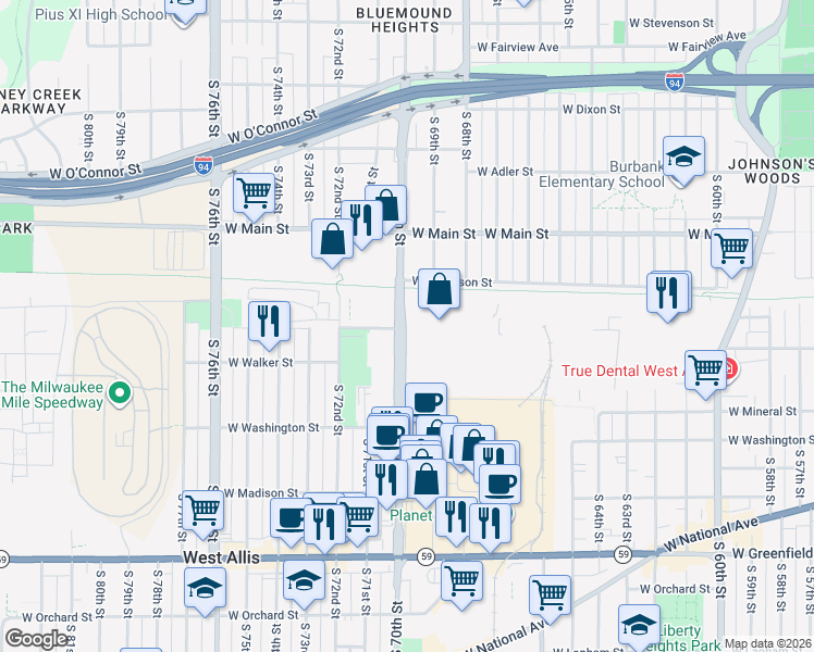 map of restaurants, bars, coffee shops, grocery stores, and more near 770 South 70th Street in Milwaukee