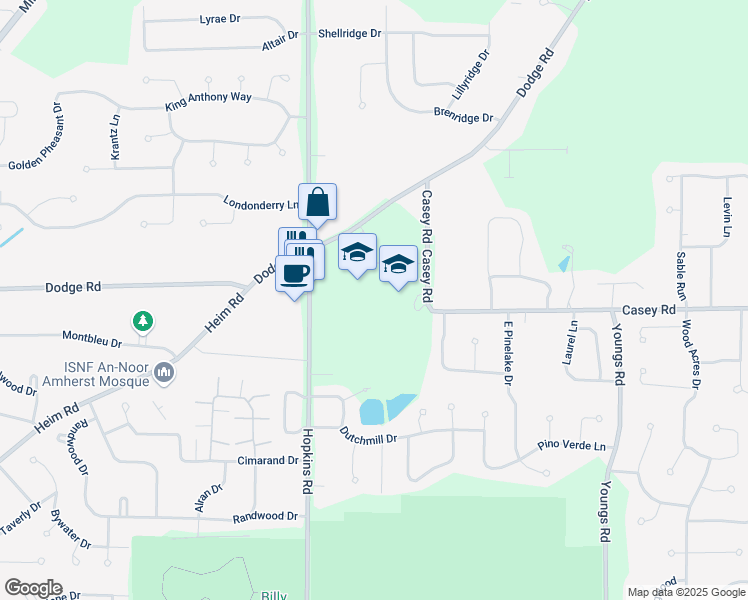 map of restaurants, bars, coffee shops, grocery stores, and more near 1595 Hopkins Road in Buffalo
