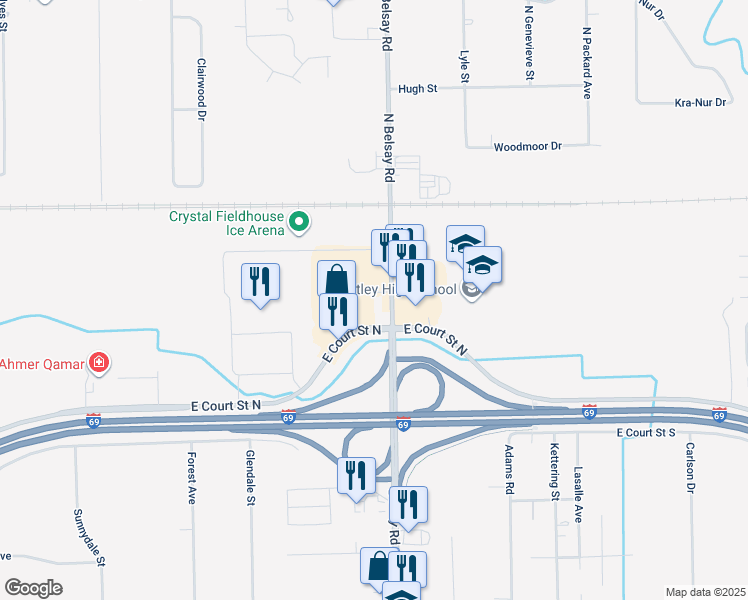 map of restaurants, bars, coffee shops, grocery stores, and more near 1155 North Belsay Road in Burton