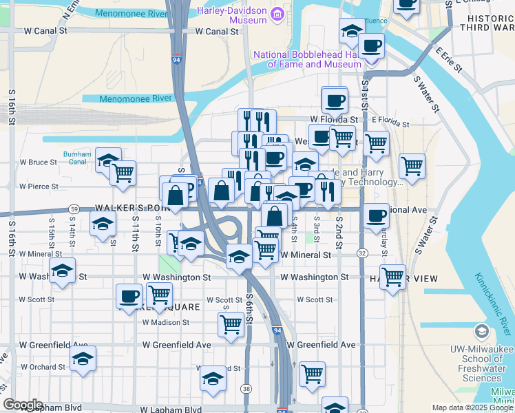 map of restaurants, bars, coffee shops, grocery stores, and more near 526 West National Avenue in Milwaukee
