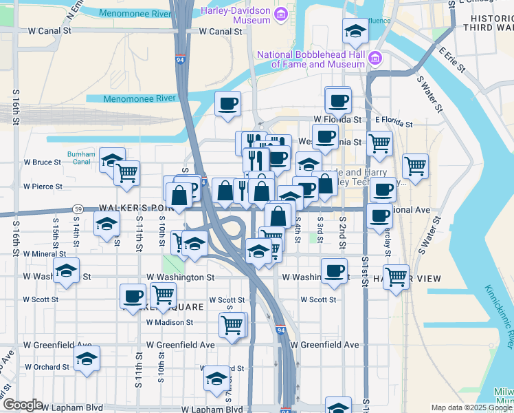 map of restaurants, bars, coffee shops, grocery stores, and more near in Milwaukee