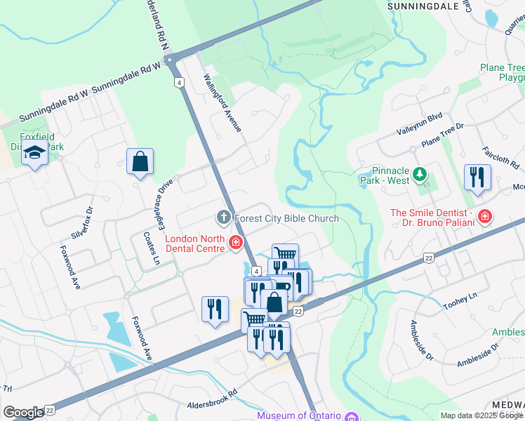 map of restaurants, bars, coffee shops, grocery stores, and more near 768 Franklinway Crescent in London