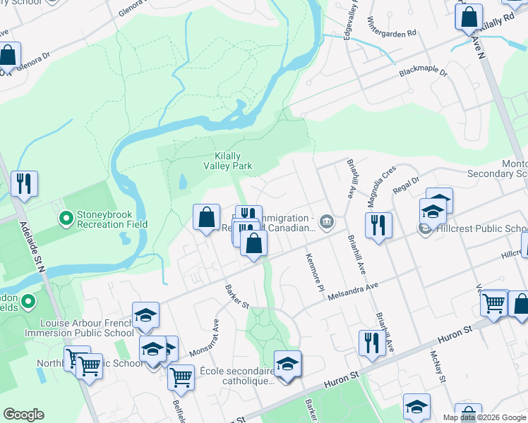 map of restaurants, bars, coffee shops, grocery stores, and more near 563 Ridgeview Drive in London