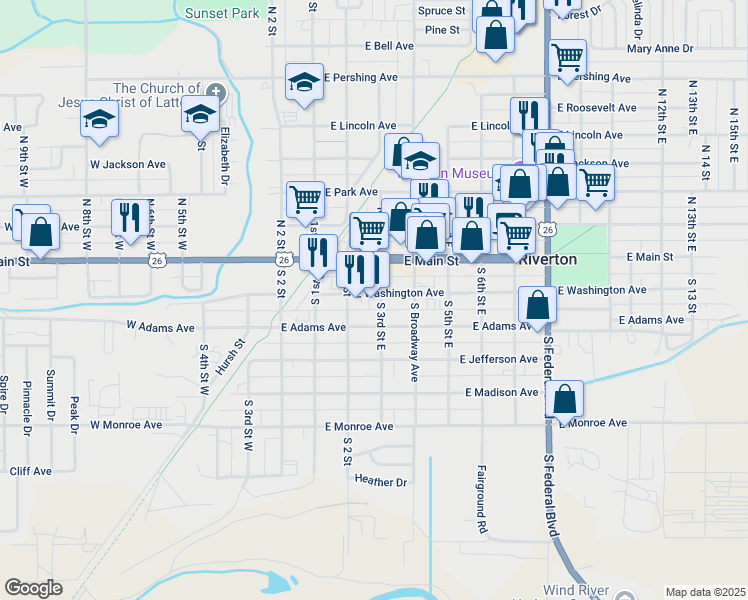 map of restaurants, bars, coffee shops, grocery stores, and more near 214 East Adams Avenue in Riverton