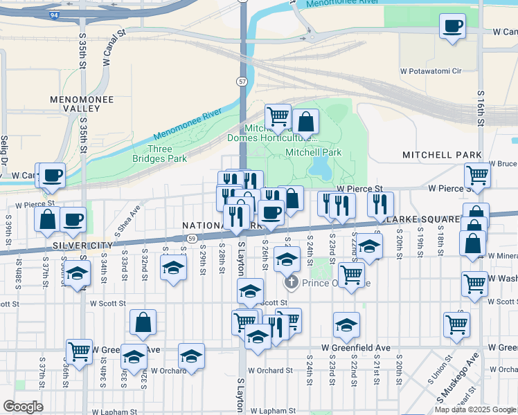 map of restaurants, bars, coffee shops, grocery stores, and more near 747 South 26th Street in Milwaukee