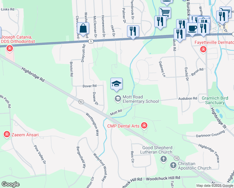 map of restaurants, bars, coffee shops, grocery stores, and more near 7173 Mott Road in Fayetteville