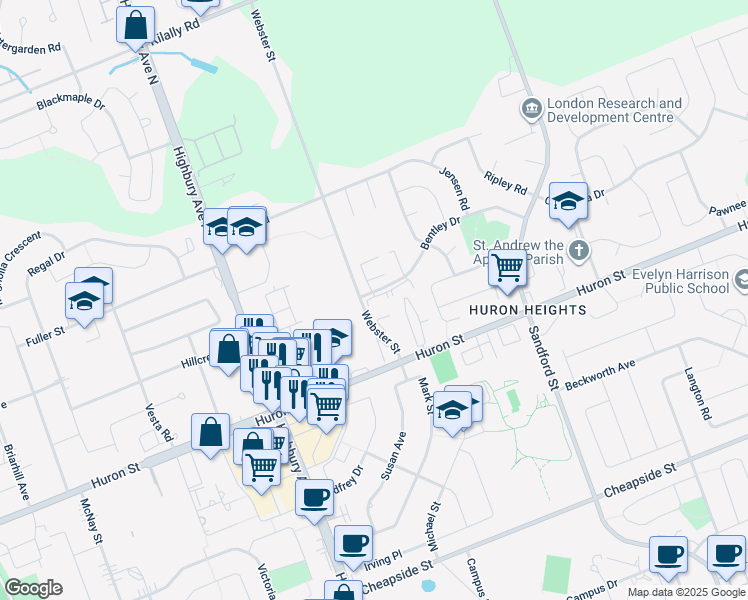 map of restaurants, bars, coffee shops, grocery stores, and more near 1265 Bentley Drive in London