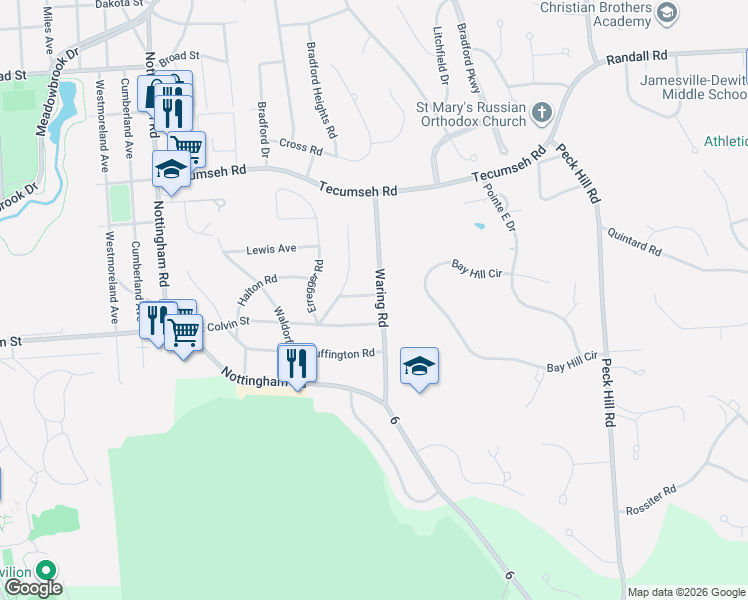 map of restaurants, bars, coffee shops, grocery stores, and more near 2713 East Colvin Street in Syracuse