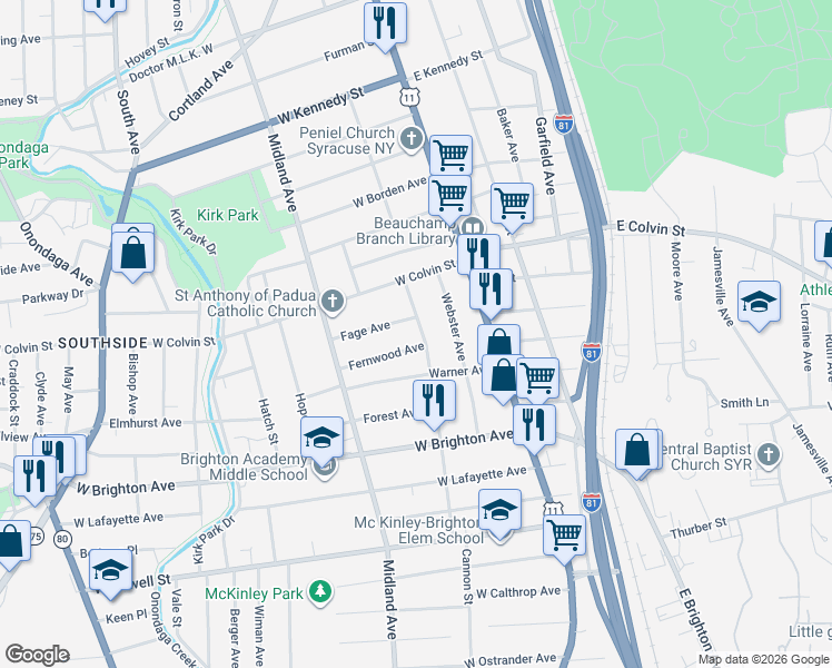 map of restaurants, bars, coffee shops, grocery stores, and more near 116 Fernwood Avenue in Syracuse