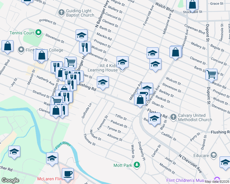 map of restaurants, bars, coffee shops, grocery stores, and more near 2638 Flushing Road in Flint