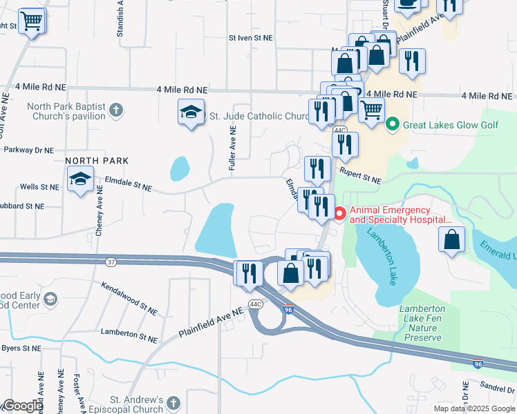 map of restaurants, bars, coffee shops, grocery stores, and more near 3243 Soft Water Lake Drive Northeast in Grand Rapids