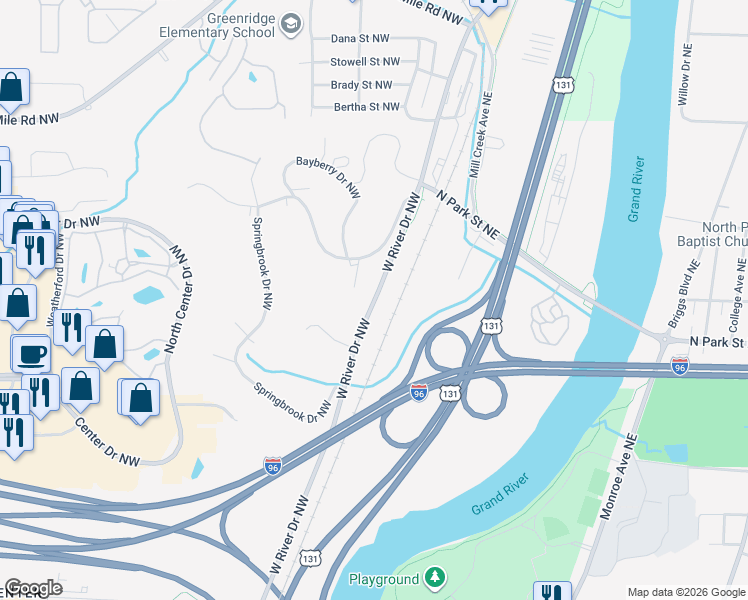 map of restaurants, bars, coffee shops, grocery stores, and more near 118 Greenridge Drive Northwest in Grand Rapids