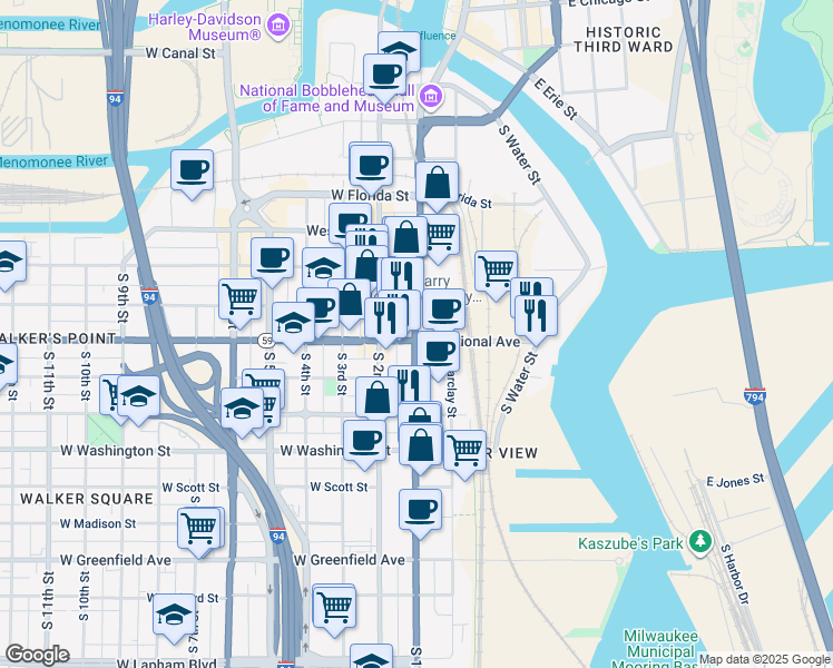 map of restaurants, bars, coffee shops, grocery stores, and more near 125 East National Avenue in Milwaukee
