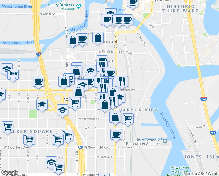 map of restaurants, bars, coffee shops, grocery stores, and more near 117 West National Avenue in Milwaukee