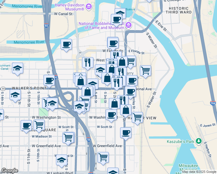 map of restaurants, bars, coffee shops, grocery stores, and more near 802 South 3rd Street in Milwaukee
