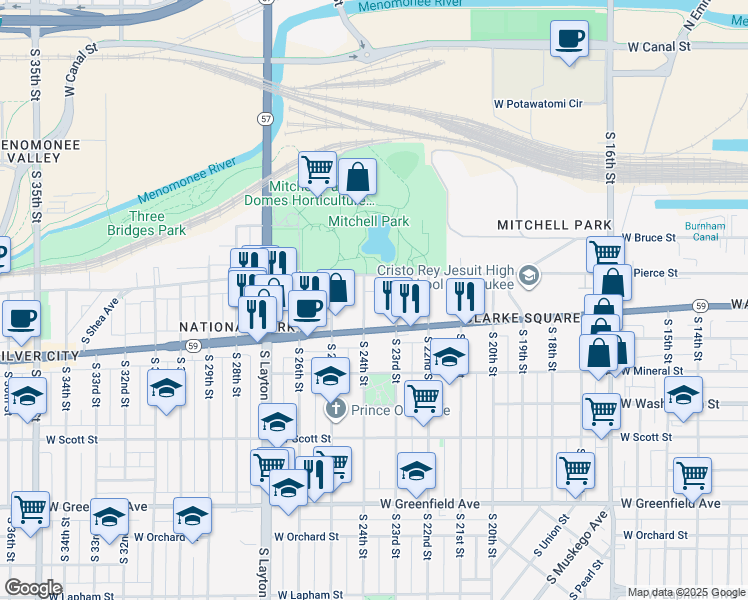 map of restaurants, bars, coffee shops, grocery stores, and more near 746 South 24th Street in Milwaukee