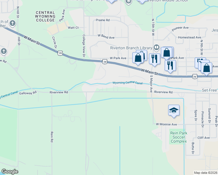 map of restaurants, bars, coffee shops, grocery stores, and more near 1810 Riverview Road in Riverton