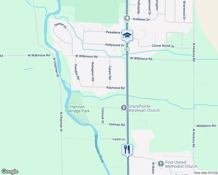 map of restaurants, bars, coffee shops, grocery stores, and more near 715 Raymond Road in Owosso